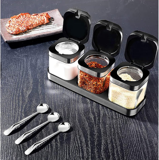 Antetek A-XINTONG - Juego de 3 cajas de condimentos con tapas y cucharas de acero
