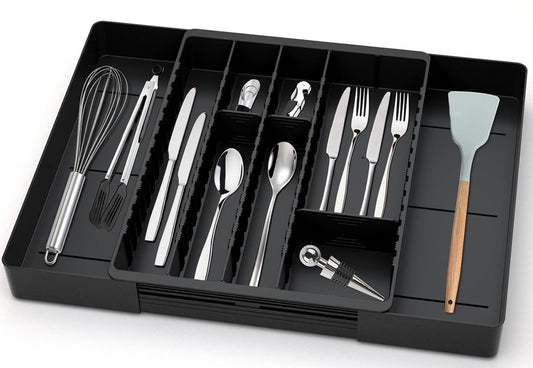 Fu Store Organizador de cajones de cubiertos, bandeja expandible para utensilios de cocina, cubiertos y cubiertos