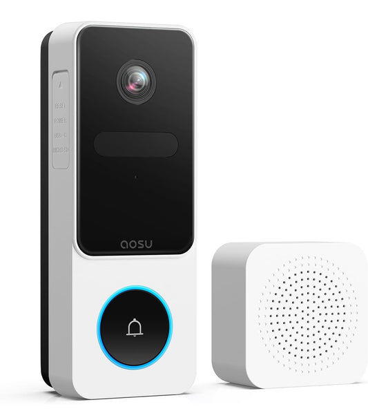 AOSU Timbre inalámbrico - Vista de pies a cabeza, detección inteligente de paquetes, timbre de video Wi-Fi 2.4G con timbre