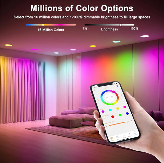 Iluminación empotrable inteligente de 4 pulgadas que cambia de color LED de 12 W, luz de techo empotrada de 1200 lúmenes compatible con Alexa