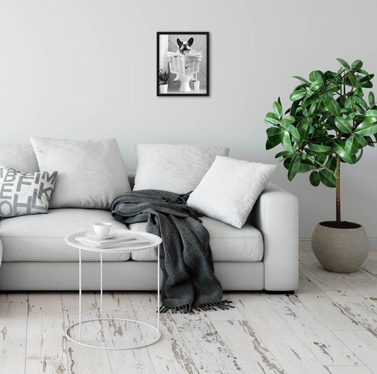 Biufo Arte enmarcado para pared, diseño de perro en inodoro, póster impreso en lienzo negro y blanco para baño, dormitorio (8 x 10 pulgadas)