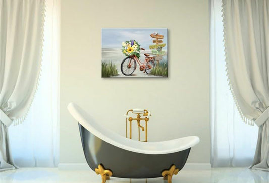 Arte de pared de playa para decoración de baño, imágenes de baño, impresión en lienzo de bicicleta, pintura de paisaje marino