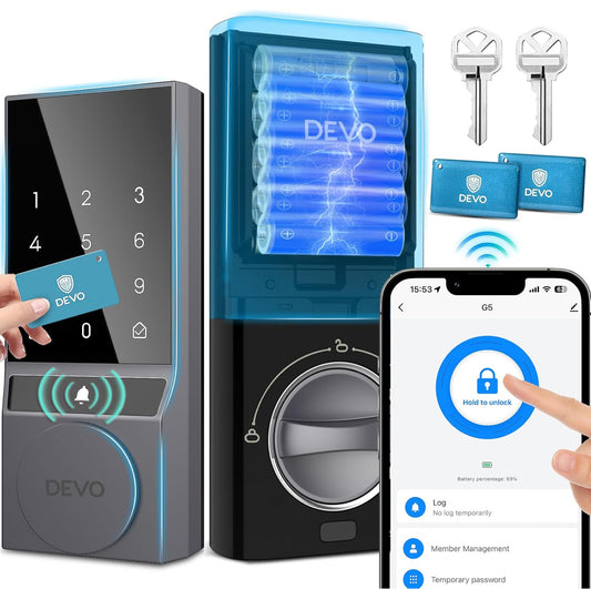 Devo Cerradura inteligente, cerradura de puerta de entrada sin llave para puerta delantera, cerrojo WiFi integrado