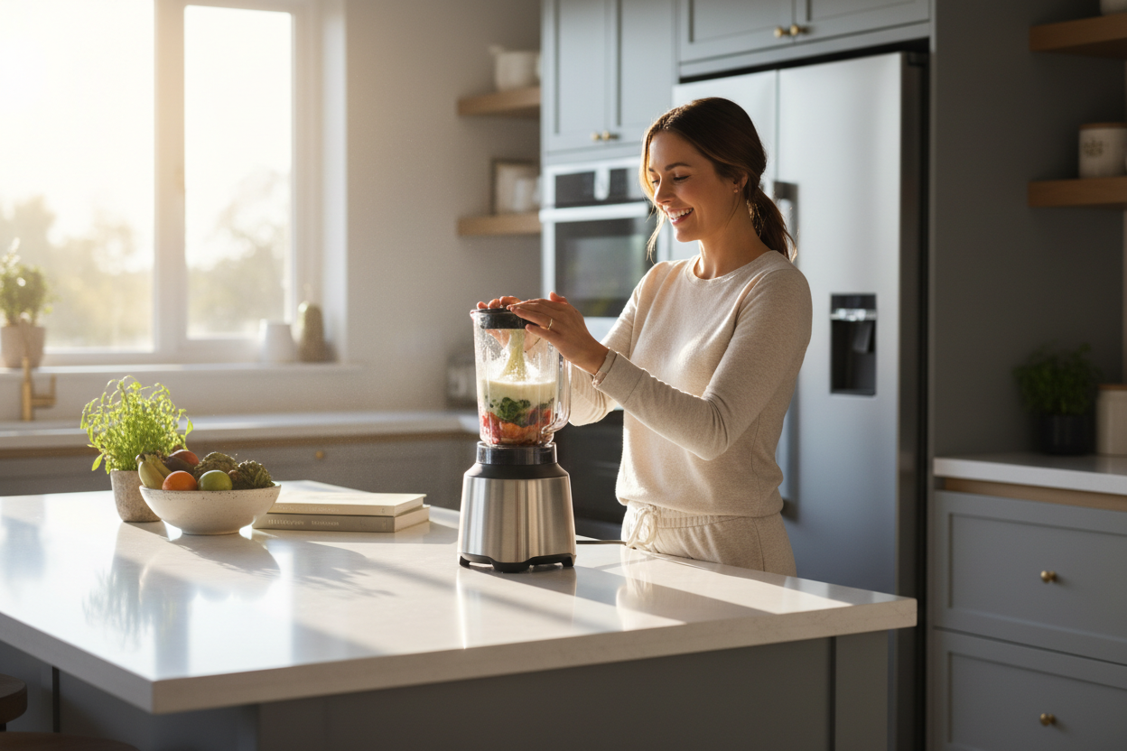 mujer utilizando una licuadora en la cocina